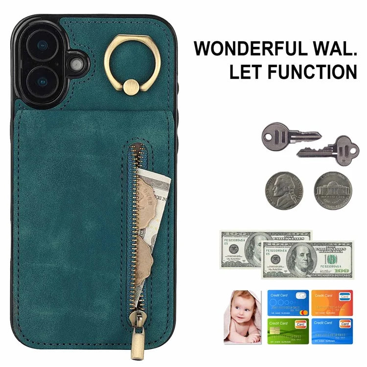 For iPhone 16 Plus Case RFID Blocking Ring Kickstand Retro Leather+TPU Anti-Fall Phone Cover