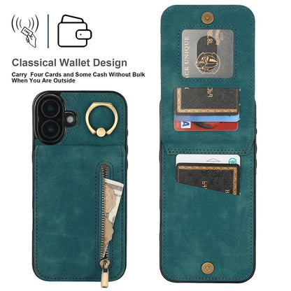 For iPhone 16 Plus Case RFID Blocking Ring Kickstand Retro Leather+TPU Anti-Fall Phone Cover