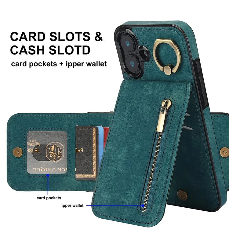 For iPhone 16 Plus Case RFID Blocking Ring Kickstand Retro Leather+TPU Anti-Fall Phone Cover