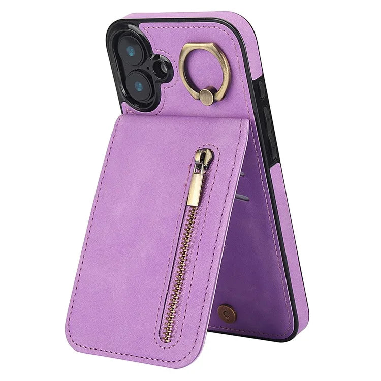 For iPhone 16 Plus Case RFID Blocking Ring Kickstand Retro Leather+TPU Anti-Fall Phone Cover