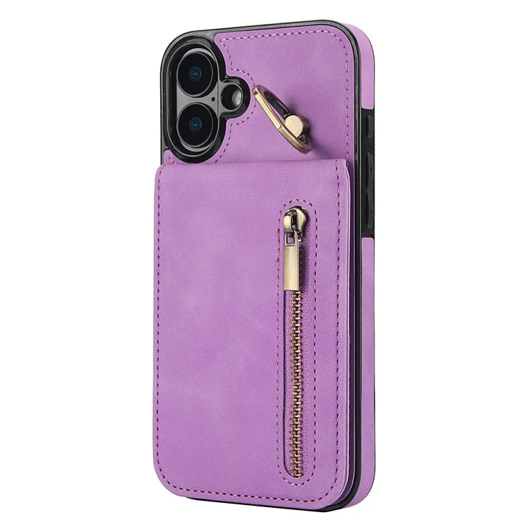 For iPhone 16 Plus Case RFID Blocking Ring Kickstand Retro Leather+TPU Anti-Fall Phone Cover