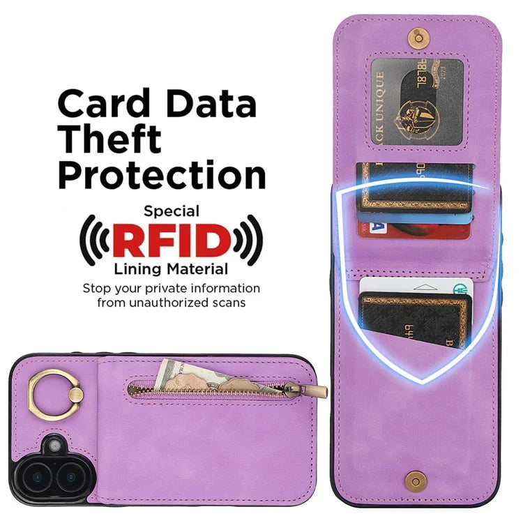 For iPhone 16 Plus Case RFID Blocking Ring Kickstand Retro Leather+TPU Anti-Fall Phone Cover