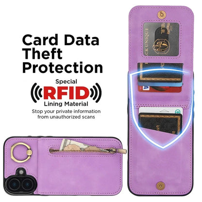 For iPhone 16 Plus Case RFID Blocking Ring Kickstand Retro Leather+TPU Anti-Fall Phone Cover