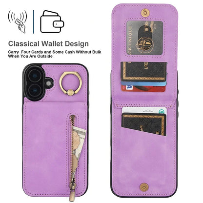 For iPhone 16 Plus Case RFID Blocking Ring Kickstand Retro Leather+TPU Anti-Fall Phone Cover