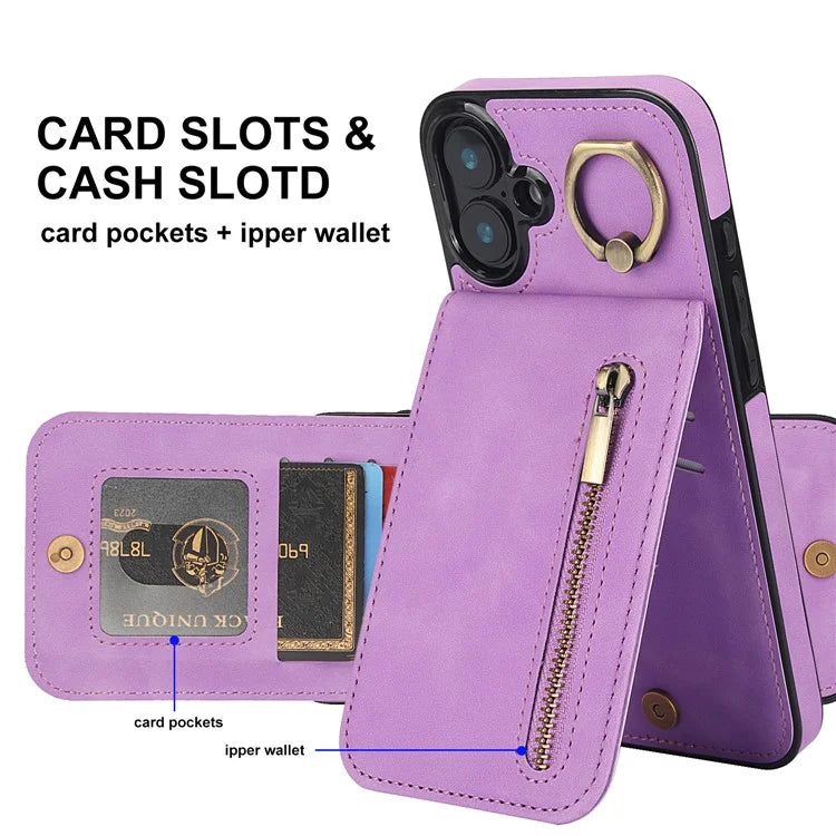 For iPhone 16 Plus Case RFID Blocking Ring Kickstand Retro Leather+TPU Anti-Fall Phone Cover