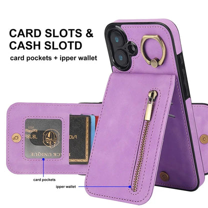 For iPhone 16 Plus Case RFID Blocking Ring Kickstand Retro Leather+TPU Anti-Fall Phone Cover