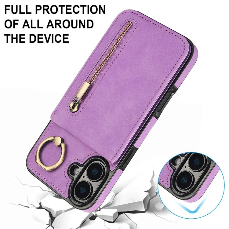 For iPhone 16 Plus Case RFID Blocking Ring Kickstand Retro Leather+TPU Anti-Fall Phone Cover