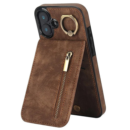 For iPhone 16 Plus Case RFID Blocking Ring Kickstand Retro Leather+TPU Anti-Fall Phone Cover