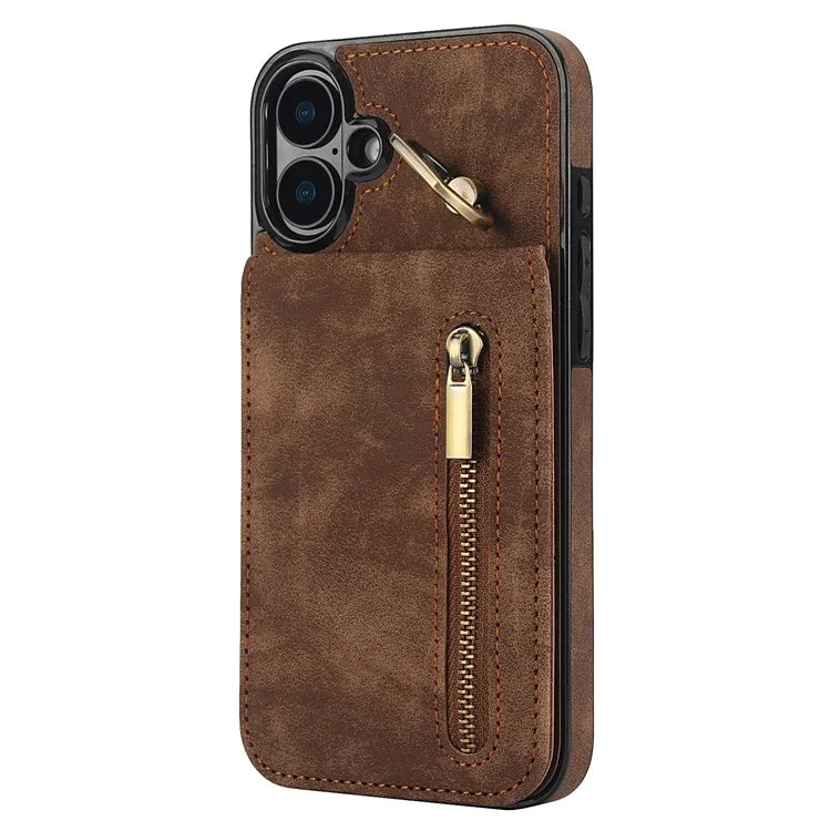 For iPhone 16 Plus Case RFID Blocking Ring Kickstand Retro Leather+TPU Anti-Fall Phone Cover