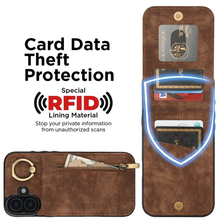 For iPhone 16 Plus Case RFID Blocking Ring Kickstand Retro Leather+TPU Anti-Fall Phone Cover