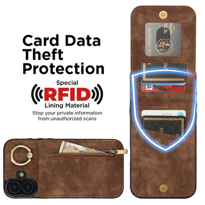 For iPhone 16 Plus Case RFID Blocking Ring Kickstand Retro Leather+TPU Anti-Fall Phone Cover