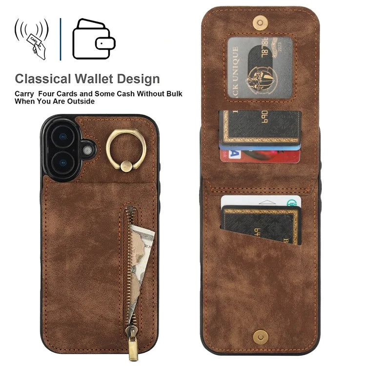 For iPhone 16 Plus Case RFID Blocking Ring Kickstand Retro Leather+TPU Anti-Fall Phone Cover