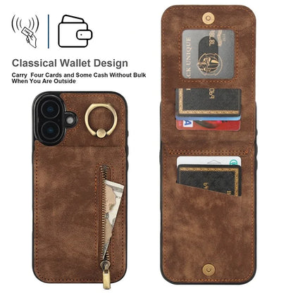 For iPhone 16 Plus Case RFID Blocking Ring Kickstand Retro Leather+TPU Anti-Fall Phone Cover