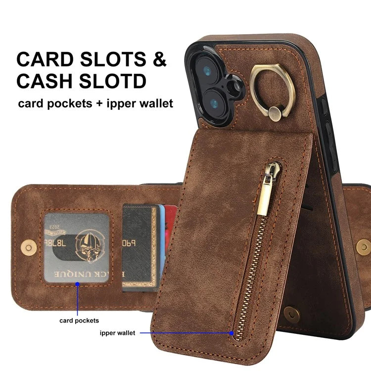 For iPhone 16 Plus Case RFID Blocking Ring Kickstand Retro Leather+TPU Anti-Fall Phone Cover