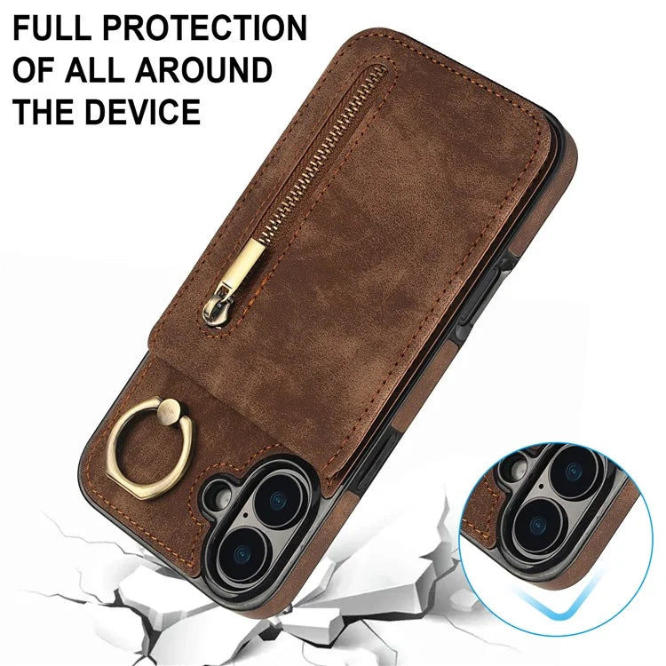 For iPhone 16 Plus Case RFID Blocking Ring Kickstand Retro Leather+TPU Anti-Fall Phone Cover