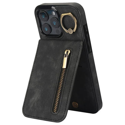 For iPhone 16 Pro Case RFID Blocking Ring Kickstand Retro Leather+TPU Anti-Fall Phone Cover