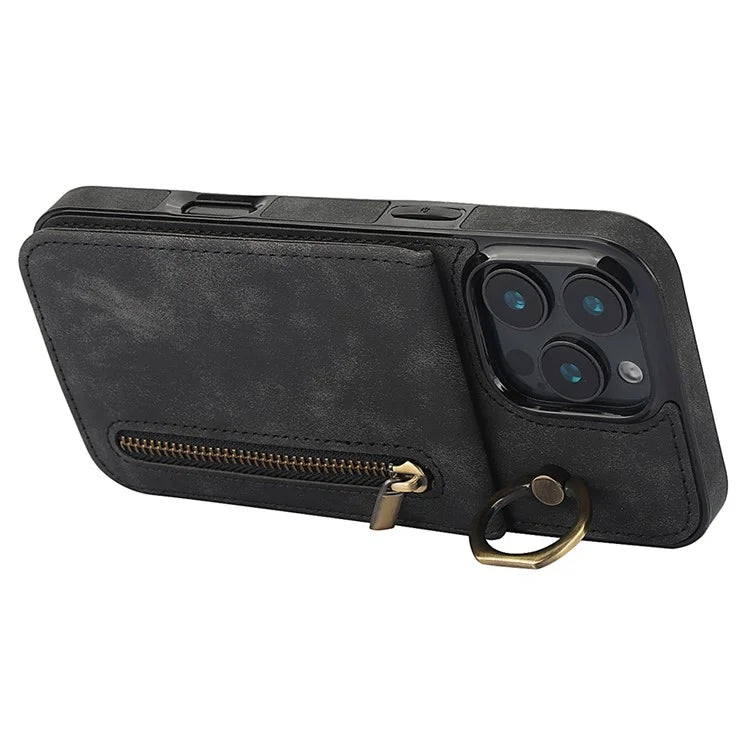 For iPhone 16 Pro Case RFID Blocking Ring Kickstand Retro Leather+TPU Anti-Fall Phone Cover