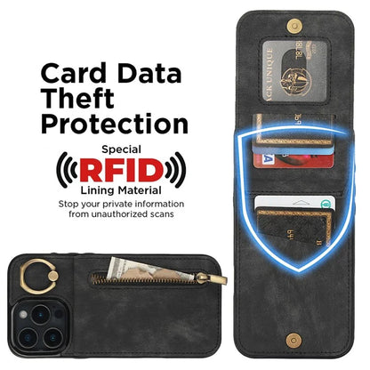 For iPhone 16 Pro Case RFID Blocking Ring Kickstand Retro Leather+TPU Anti-Fall Phone Cover