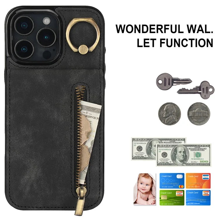 For iPhone 16 Pro Case RFID Blocking Ring Kickstand Retro Leather+TPU Anti-Fall Phone Cover