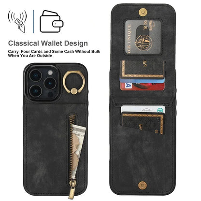 For iPhone 16 Pro Case RFID Blocking Ring Kickstand Retro Leather+TPU Anti-Fall Phone Cover