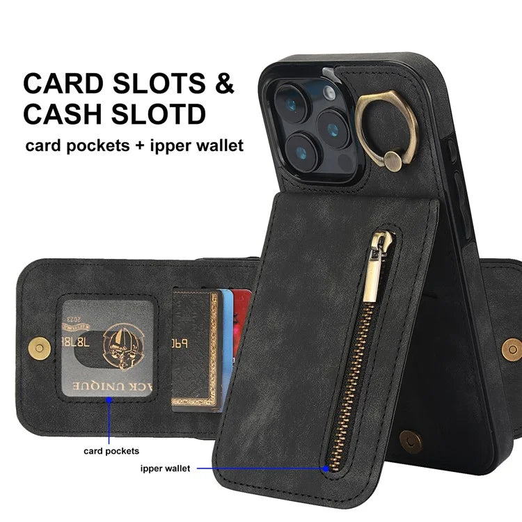 For iPhone 16 Pro Case RFID Blocking Ring Kickstand Retro Leather+TPU Anti-Fall Phone Cover