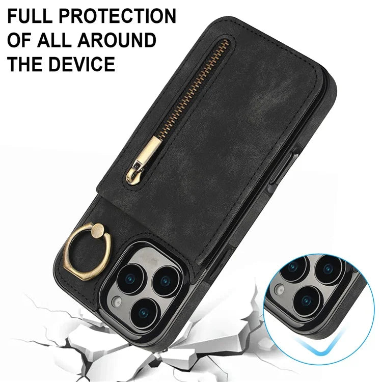 For iPhone 16 Pro Case RFID Blocking Ring Kickstand Retro Leather+TPU Anti-Fall Phone Cover