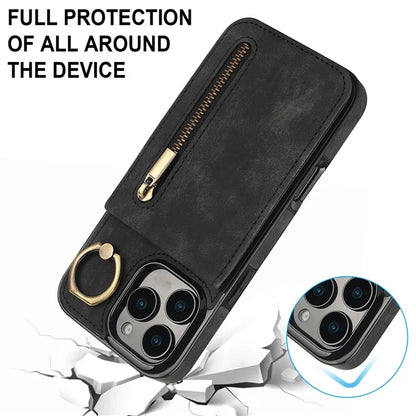 For iPhone 16 Pro Case RFID Blocking Ring Kickstand Retro Leather+TPU Anti-Fall Phone Cover