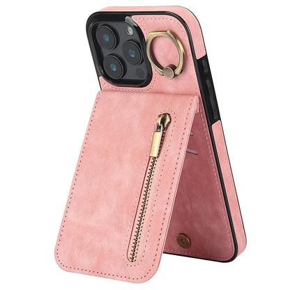 For iPhone 16 Pro Case RFID Blocking Ring Kickstand Retro Leather+TPU Anti-Fall Phone Cover