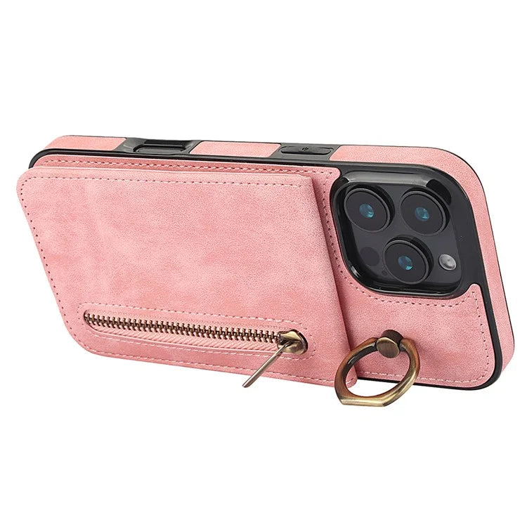 For iPhone 16 Pro Case RFID Blocking Ring Kickstand Retro Leather+TPU Anti-Fall Phone Cover