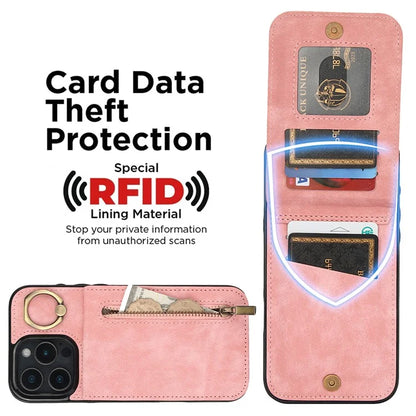 For iPhone 16 Pro Case RFID Blocking Ring Kickstand Retro Leather+TPU Anti-Fall Phone Cover