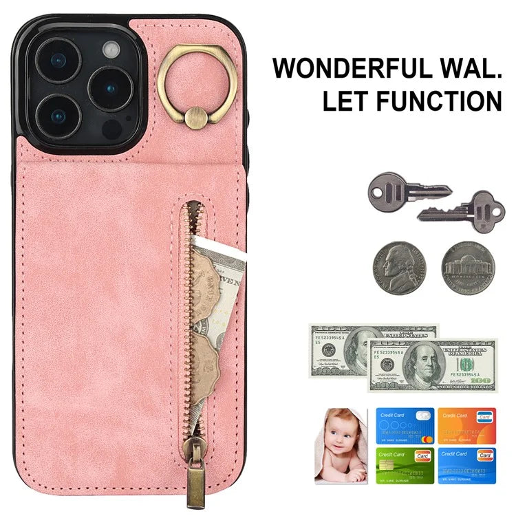 For iPhone 16 Pro Case RFID Blocking Ring Kickstand Retro Leather+TPU Anti-Fall Phone Cover