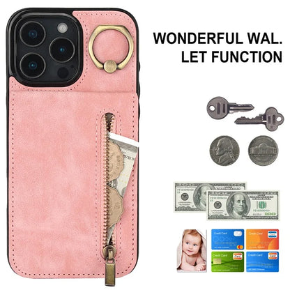 For iPhone 16 Pro Case RFID Blocking Ring Kickstand Retro Leather+TPU Anti-Fall Phone Cover