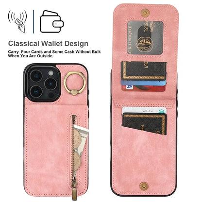 For iPhone 16 Pro Case RFID Blocking Ring Kickstand Retro Leather+TPU Anti-Fall Phone Cover
