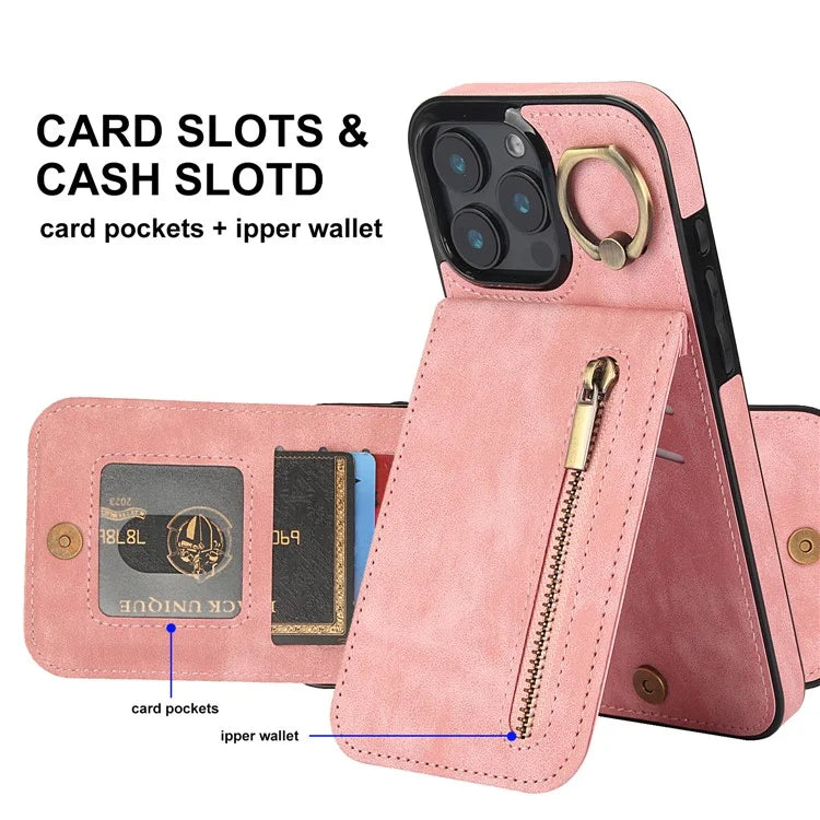 For iPhone 16 Pro Case RFID Blocking Ring Kickstand Retro Leather+TPU Anti-Fall Phone Cover