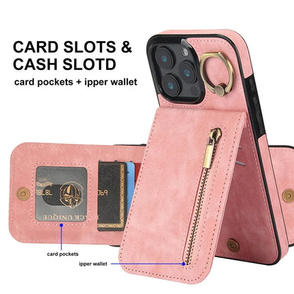 For iPhone 16 Pro Case RFID Blocking Ring Kickstand Retro Leather+TPU Anti-Fall Phone Cover