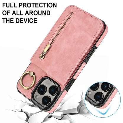 For iPhone 16 Pro Case RFID Blocking Ring Kickstand Retro Leather+TPU Anti-Fall Phone Cover