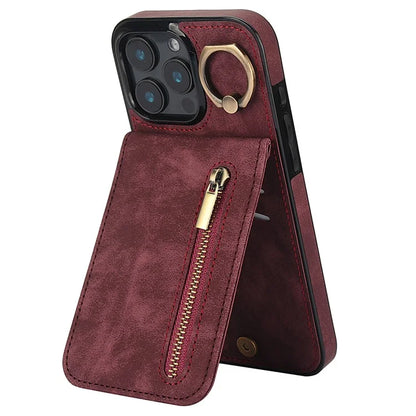 For iPhone 16 Pro Case RFID Blocking Ring Kickstand Retro Leather+TPU Anti-Fall Phone Cover