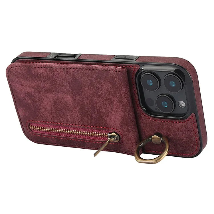 For iPhone 16 Pro Case RFID Blocking Ring Kickstand Retro Leather+TPU Anti-Fall Phone Cover