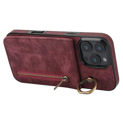 For iPhone 16 Pro Case RFID Blocking Ring Kickstand Retro Leather+TPU Anti-Fall Phone Cover