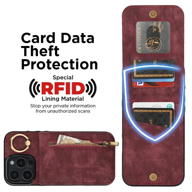 For iPhone 16 Pro Case RFID Blocking Ring Kickstand Retro Leather+TPU Anti-Fall Phone Cover