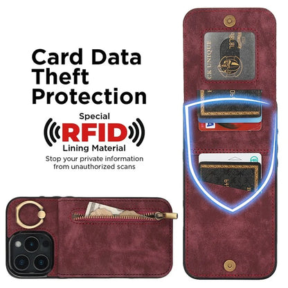 For iPhone 16 Pro Case RFID Blocking Ring Kickstand Retro Leather+TPU Anti-Fall Phone Cover