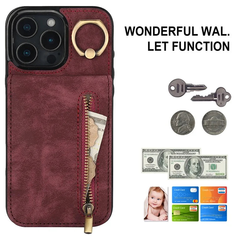 For iPhone 16 Pro Case RFID Blocking Ring Kickstand Retro Leather+TPU Anti-Fall Phone Cover