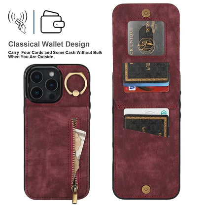 For iPhone 16 Pro Case RFID Blocking Ring Kickstand Retro Leather+TPU Anti-Fall Phone Cover