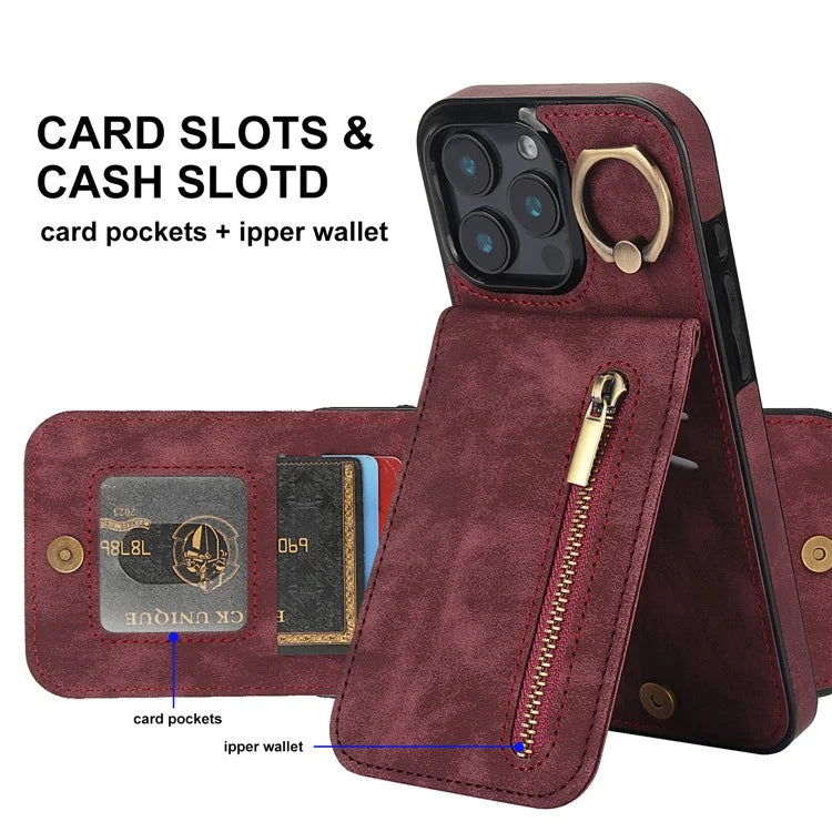 For iPhone 16 Pro Case RFID Blocking Ring Kickstand Retro Leather+TPU Anti-Fall Phone Cover