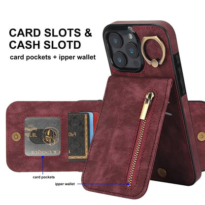 For iPhone 16 Pro Case RFID Blocking Ring Kickstand Retro Leather+TPU Anti-Fall Phone Cover