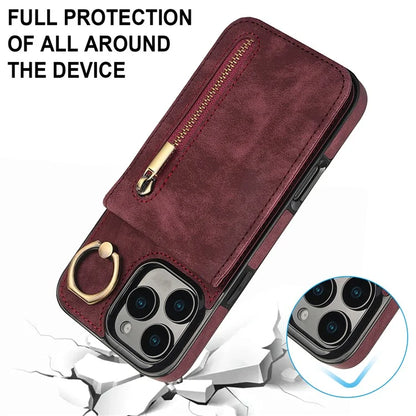For iPhone 16 Pro Case RFID Blocking Ring Kickstand Retro Leather+TPU Anti-Fall Phone Cover