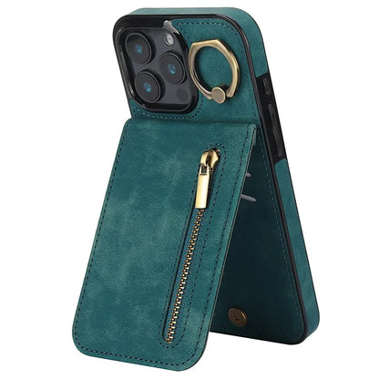 For iPhone 16 Pro Case RFID Blocking Ring Kickstand Retro Leather+TPU Anti-Fall Phone Cover