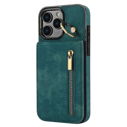 For iPhone 16 Pro Case RFID Blocking Ring Kickstand Retro Leather+TPU Anti-Fall Phone Cover