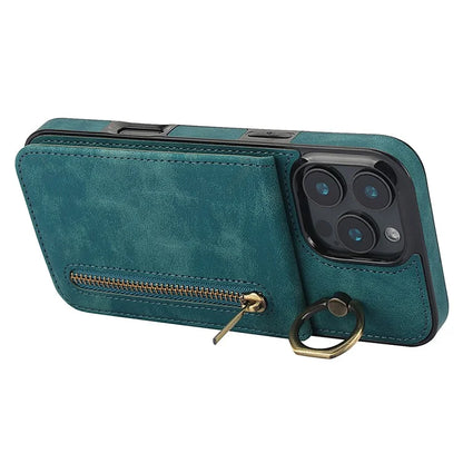 For iPhone 16 Pro Case RFID Blocking Ring Kickstand Retro Leather+TPU Anti-Fall Phone Cover