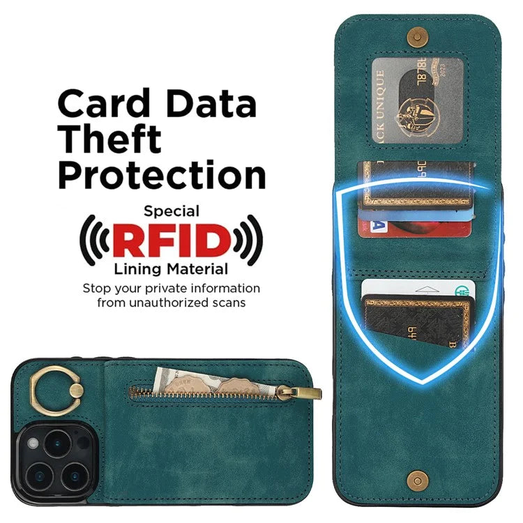 For iPhone 16 Pro Case RFID Blocking Ring Kickstand Retro Leather+TPU Anti-Fall Phone Cover